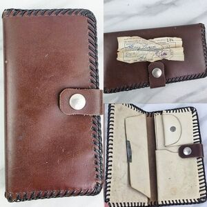 70's Vintage Brown Leather Wallet Snap Closure Men Women Handmade Bag Western